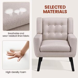 Yaheetech Accent Chair, Modern Button Tufted Armchair, Linen Fabric Sofa Chairs for Living Room Bedroom, Mid-Century Comfy Reading Chair, Beige