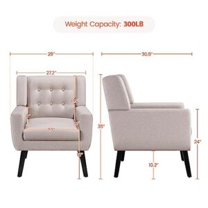 Yaheetech Accent Chair, Modern Button Tufted Armchair, Linen Fabric Sofa Chairs for Living Room Bedroom, Mid-Century Comfy Reading Chair, Beige
