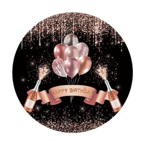 AWERT Polyester Diameter 7ft Round Happy Birthday Photos Backdrop Rose Gold Balloons Champagne Glitter Sequins Black Photography Background Girls Princess Birthday Party Studio Photo Props