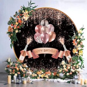 AWERT Polyester Diameter 7ft Round Happy Birthday Photos Backdrop Rose Gold Balloons Champagne Glitter Sequins Black Photography Background Girls Princess Birthday Party Studio Photo Props