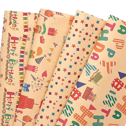 Ulmasinn Kraft Birthday Wrapping Paper Flat 8 Sheets for Kids Boys Girls, Brown Gift Wrap with Cakes, Gift Boxes, Stars, and Happy Birthday for Celebrate Birthday Party, 20 X 29 Inches Each