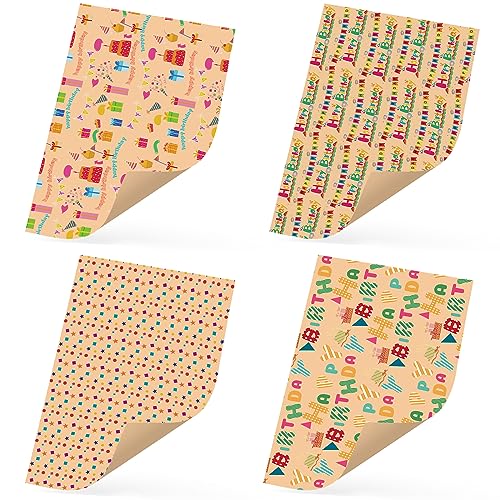 Ulmasinn Kraft Birthday Wrapping Paper Flat 8 Sheets for Kids Boys Girls, Brown Gift Wrap with Cakes, Gift Boxes, Stars, and Happy Birthday for Celebrate Birthday Party, 20 X 29 Inches Each