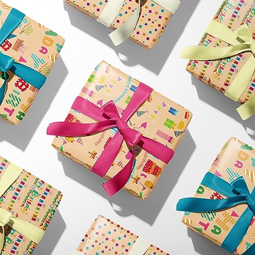 Ulmasinn Kraft Birthday Wrapping Paper Flat 8 Sheets for Kids Boys Girls, Brown Gift Wrap with Cakes, Gift Boxes, Stars, and Happy Birthday for Celebrate Birthday Party, 20 X 29 Inches Each