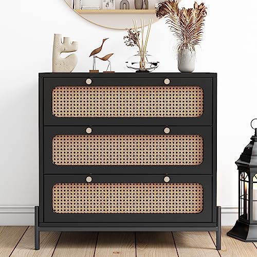 CKLMMC Modern 3-Drawer Chest,Cannage Rattan Closet,Wood Storage Cabinet Sideboard for Bedroom, Living Room, Entryway, Hallway (Black#Rattan*c)