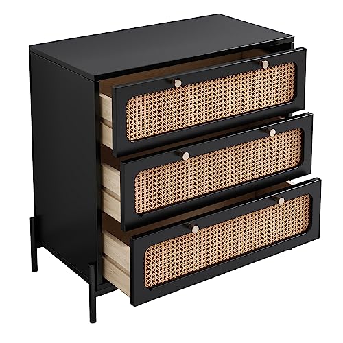 CKLMMC Modern 3-Drawer Chest,Cannage Rattan Closet,Wood Storage Cabinet Sideboard for Bedroom, Living Room, Entryway, Hallway (Black#Rattan*c)