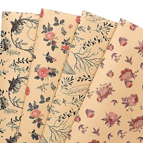 PlandRichW Wrapping Paper of Floral Design Folded Kraft Wrapping Paper 12 Sheets Recycled Gift Wrap for Birthday, Wedding, Holiday, Party, and Baby Shower Precut 20" X 29"