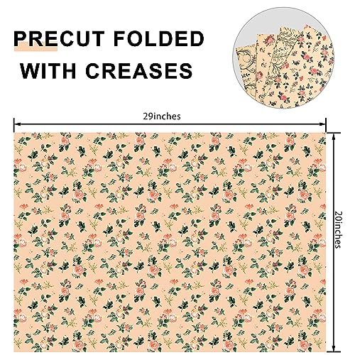 PlandRichW Wrapping Paper of Floral Design Folded Kraft Wrapping Paper 12 Sheets Recycled Gift Wrap for Birthday, Wedding, Holiday, Party, and Baby Shower Precut 20" X 29"