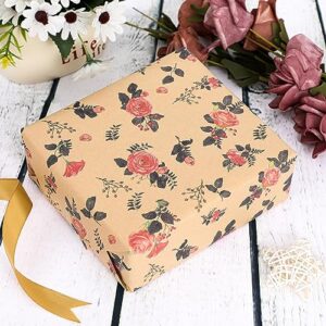 PlandRichW Wrapping Paper of Floral Design Folded Kraft Wrapping Paper 12 Sheets Recycled Gift Wrap for Birthday, Wedding, Holiday, Party, and Baby Shower Precut 20" X 29"