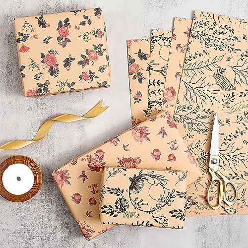 PlandRichW Wrapping Paper of Floral Design Folded Kraft Wrapping Paper 12 Sheets Recycled Gift Wrap for Birthday, Wedding, Holiday, Party, and Baby Shower Precut 20" X 29"