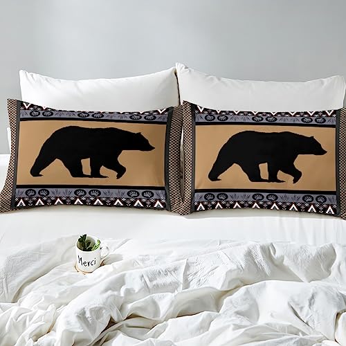 Western Bear Decor Sheet Set, Southwestern Cowboys Sheets Full Size for Kids Boys Teens Men Bedroom, Vintage Rustic Farmhouse Bed Sheets Set Tribal Woodland Animal Geometric Top Sheet