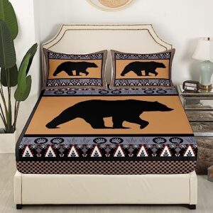 Western Bear Decor Sheet Set, Southwestern Cowboys Sheets Full Size for Kids Boys Teens Men Bedroom, Vintage Rustic Farmhouse Bed Sheets Set Tribal Woodland Animal Geometric Top Sheet