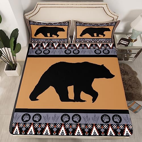 Western Bear Decor Sheet Set, Southwestern Cowboys Sheets Full Size for Kids Boys Teens Men Bedroom, Vintage Rustic Farmhouse Bed Sheets Set Tribal Woodland Animal Geometric Top Sheet