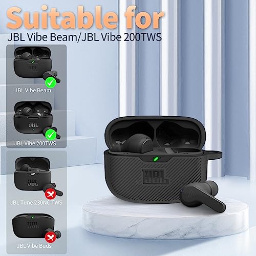 YIPINJIA for JBL Vibe 200TWS/JBL Vibe Beam Case Cover, Silicone Protective Shock Cover Compatible with JBL Vibe 200TWS & JBL Vibe Beam True Wireless Headphones Charging Case with Carabiner(Black)