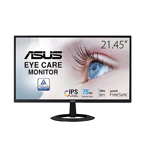 ASUS 22” (21.45” viewable) 1080P Eye Care Monitor (VZ22EHE) - Full HD, IPS, 75Hz, 1ms (MPRT), Adaptive-Sync, HDMI, Low Blue Light, Flicker Free, HDMI, VGA, Ultra-Slim,Black