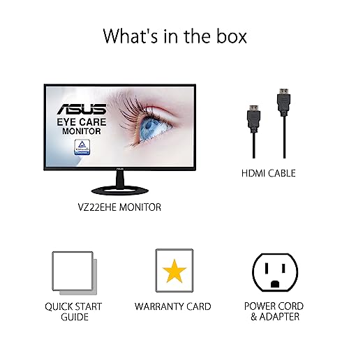 ASUS 22” (21.45” viewable) 1080P Eye Care Monitor (VZ22EHE) - Full HD, IPS, 75Hz, 1ms (MPRT), Adaptive-Sync, HDMI, Low Blue Light, Flicker Free, HDMI, VGA, Ultra-Slim,Black