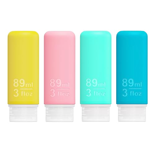 Craftend Silicone Travel Bottles for Toiletries TSA Approved Travel Size 3oz Containers Set 4 Pack Portable Leak Proof Refillable Cosmetic Squeeze Bottles Shampoo Conditioner Body Lotion Shower Gel