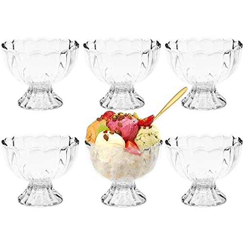 KOWLOON 6PCs Glass Ice Cream Bowl Set Clear Small Lead-Free Footed Tulip Dessert Cups for Dessert Ice Cream Trifle Snack Condiment(Comes with 6 PCs Flower Spoons)