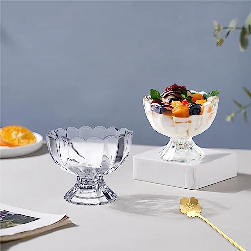 KOWLOON 6PCs Glass Ice Cream Bowl Set Clear Small Lead-Free Footed Tulip Dessert Cups for Dessert Ice Cream Trifle Snack Condiment(Comes with 6 PCs Flower Spoons)