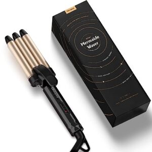 mooqlizz mini hair crimper, 1/2 inch beach waves for short hair, small 3 barrel curling iron for travel, ceramic barrel dual voltage hair waver light weight, gold