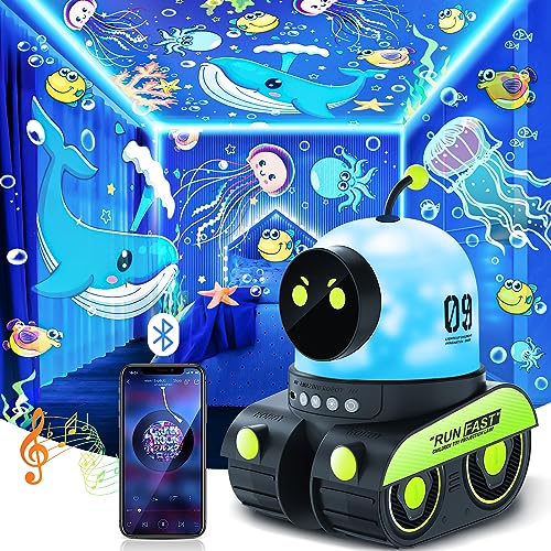 PIKOY Robot Night Light for Kids【12 Films】 Kids Night Light Projector,Bluetooth Music Baby Night Lights for Kids Room, 360° Rotation Rechargable Planets Star Projector Planetarium Projector Lamp