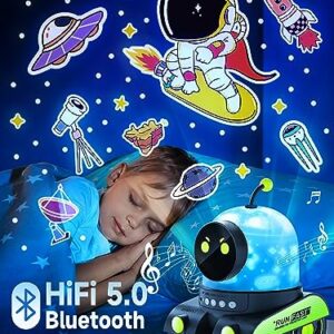 PIKOY Robot Night Light for Kids【12 Films】 Kids Night Light Projector,Bluetooth Music Baby Night Lights for Kids Room, 360° Rotation Rechargable Planets Star Projector Planetarium Projector Lamp