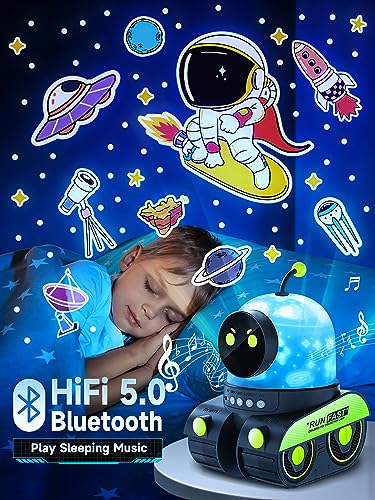 PIKOY Robot Night Light for Kids【12 Films】 Kids Night Light Projector,Bluetooth Music Baby Night Lights for Kids Room, 360° Rotation Rechargable Planets Star Projector Planetarium Projector Lamp