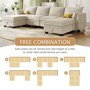 Merax 6 Pieces Modular Sectional Sofa, Convertible Modern U Shaped Couch with Storage Wide Chaise Love Seats, Beige