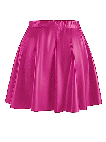 MakeMeChic Women's Plus Size Pleated Leather Mini Skirt High Waist A Line Skater PU Leather Short Skirt Hot Pink 4XL