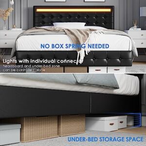 Full Bed Frame with LED Lights Visual-Floating Bed for Modern Space, Upholstered Leather Headboard and Footboard Platform Bed with Spacious Under Bed Storage, Wood Slats Support Easy Assembly, Black