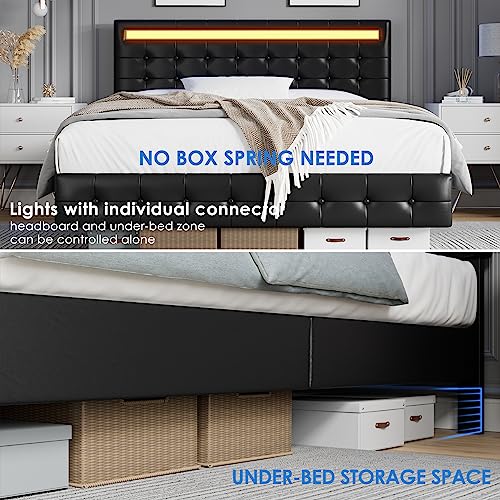 Full Bed Frame with LED Lights Visual-Floating Bed for Modern Space, Upholstered Leather Headboard and Footboard Platform Bed with Spacious Under Bed Storage, Wood Slats Support Easy Assembly, Black