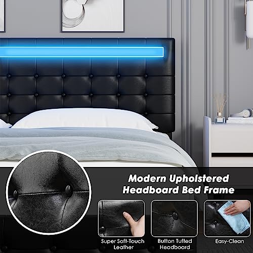 Full Bed Frame with LED Lights Visual-Floating Bed for Modern Space, Upholstered Leather Headboard and Footboard Platform Bed with Spacious Under Bed Storage, Wood Slats Support Easy Assembly, Black