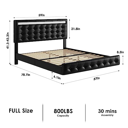 Full Bed Frame with LED Lights Visual-Floating Bed for Modern Space, Upholstered Leather Headboard and Footboard Platform Bed with Spacious Under Bed Storage, Wood Slats Support Easy Assembly, Black