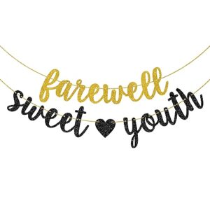 helewilk gold & black glitter farewell sweet youth banner, funeral for my youth birthday garland for 30th 40th 50th 60th birthday party decoration, funny women men birthday party bunting decor