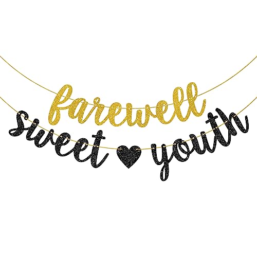 Helewilk Gold & Black Glitter Farewell Sweet Youth Banner, Funeral for My Youth Birthday Garland for 30th 40th 50th 60th Birthday Party Decoration, Funny Women Men Birthday Party Bunting Decor