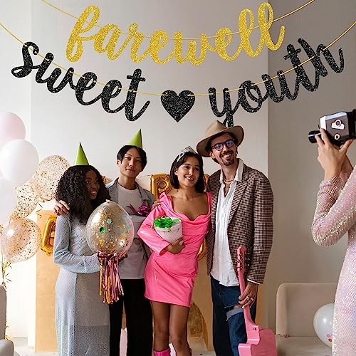 Helewilk Gold & Black Glitter Farewell Sweet Youth Banner, Funeral for My Youth Birthday Garland for 30th 40th 50th 60th Birthday Party Decoration, Funny Women Men Birthday Party Bunting Decor