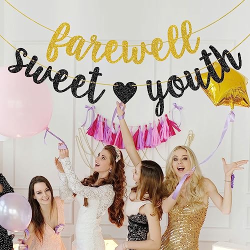 Helewilk Gold & Black Glitter Farewell Sweet Youth Banner, Funeral for My Youth Birthday Garland for 30th 40th 50th 60th Birthday Party Decoration, Funny Women Men Birthday Party Bunting Decor