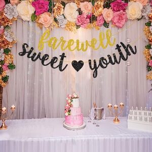 Helewilk Gold & Black Glitter Farewell Sweet Youth Banner, Funeral for My Youth Birthday Garland for 30th 40th 50th 60th Birthday Party Decoration, Funny Women Men Birthday Party Bunting Decor