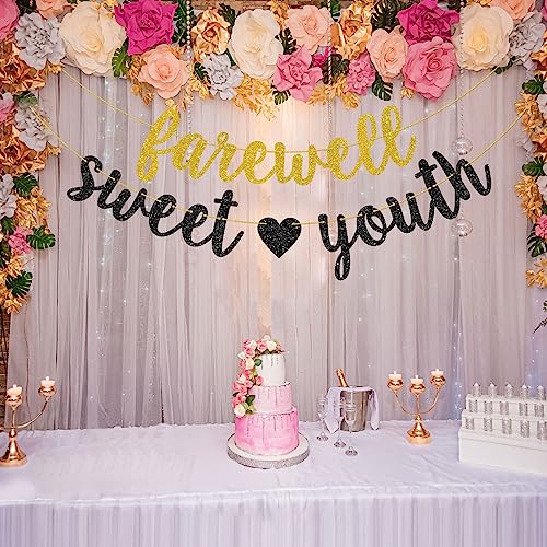 Helewilk Gold & Black Glitter Farewell Sweet Youth Banner, Funeral for My Youth Birthday Garland for 30th 40th 50th 60th Birthday Party Decoration, Funny Women Men Birthday Party Bunting Decor