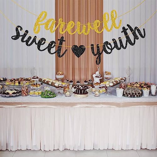 Helewilk Gold & Black Glitter Farewell Sweet Youth Banner, Funeral for My Youth Birthday Garland for 30th 40th 50th 60th Birthday Party Decoration, Funny Women Men Birthday Party Bunting Decor