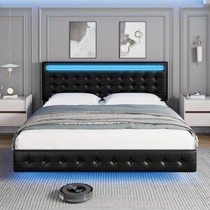 King Bed Frame with LED Lights Visual-Floating Bed for Modern Space, Upholstered Leather Headboard and Footboard Platform Bed with Spacious Under Bed Storage, Wood Slats Support Easy Assembly, Black