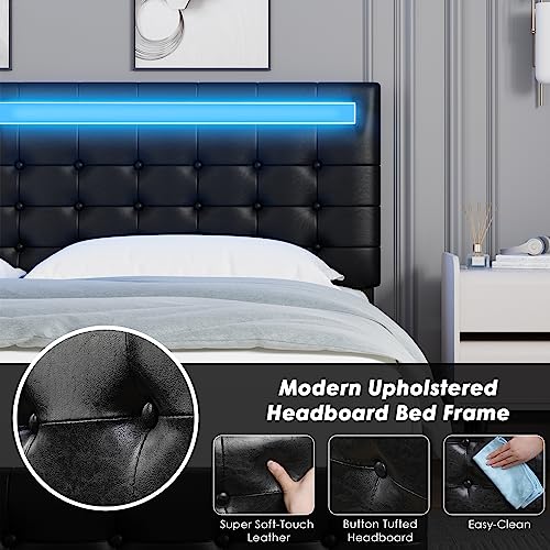 King Bed Frame with LED Lights Visual-Floating Bed for Modern Space, Upholstered Leather Headboard and Footboard Platform Bed with Spacious Under Bed Storage, Wood Slats Support Easy Assembly, Black