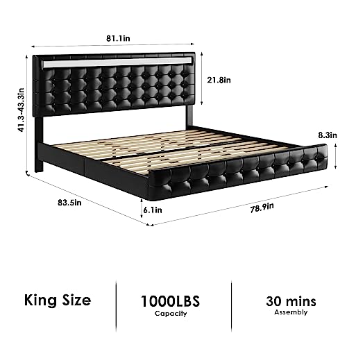 King Bed Frame with LED Lights Visual-Floating Bed for Modern Space, Upholstered Leather Headboard and Footboard Platform Bed with Spacious Under Bed Storage, Wood Slats Support Easy Assembly, Black