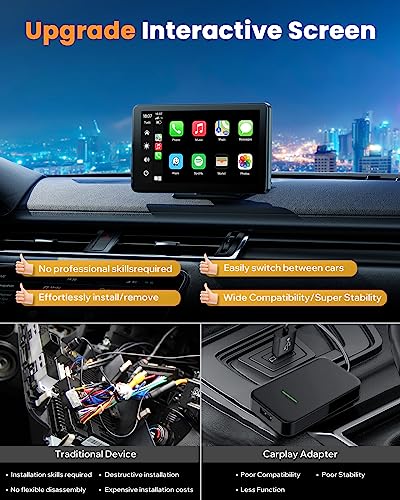 LAMTTO Portable Wireless Car Stereo Apple Carplay with Airplay, 7" HD Touch Screen Android Auto for Cars, Car Radio Receiver with Bluetooth, FM, AUX, Voice Control, GPS Navigation for All Vehicles