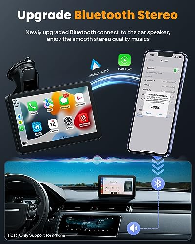 LAMTTO Portable Wireless Car Stereo Apple Carplay with Airplay, 7" HD Touch Screen Android Auto for Cars, Car Radio Receiver with Bluetooth, FM, AUX, Voice Control, GPS Navigation for All Vehicles