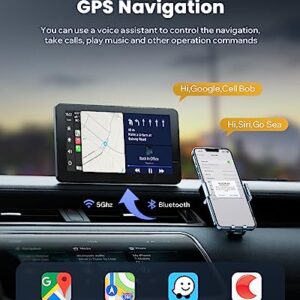 LAMTTO Portable Wireless Car Stereo Apple Carplay with Airplay, 7" HD Touch Screen Android Auto for Cars, Car Radio Receiver with Bluetooth, FM, AUX, Voice Control, GPS Navigation for All Vehicles