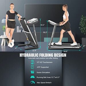 SYTIRY Folding Treadmill,10'' HD Touchscreen, WiFi, TV, YouTube and Facebook, Compact Treadmills Easy Assembly, Walking Jogging Running Machine for Family & Office Use TR060801