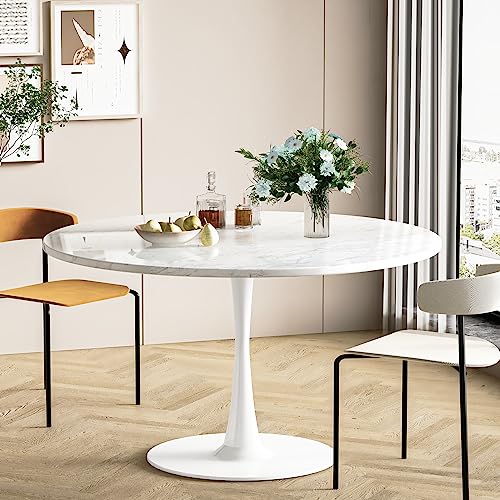 DKLGG White Marble Round, 42.1" Tulip Kitchen Dining 4-6 People with MDF Top & Pedestal Base, Mid-Century End Leisure Coffee Office Living Room Table