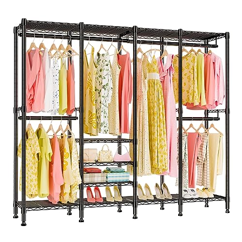 SEMHOR S5 Clothes Rack Heavy Duty Clothing Rack with 7 Shelves & 4 Hang Rods, Freestanding Metal Garment Racks for Hanging Clothes, Black Portable Wardrobe Closet 15.8"W X 76"L X 75.6"H, Load 920LBS