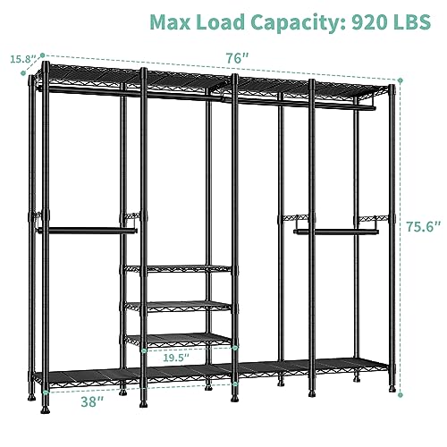 SEMHOR S5 Clothes Rack Heavy Duty Clothing Rack with 7 Shelves & 4 Hang Rods, Freestanding Metal Garment Racks for Hanging Clothes, Black Portable Wardrobe Closet 15.8"W X 76"L X 75.6"H, Load 920LBS