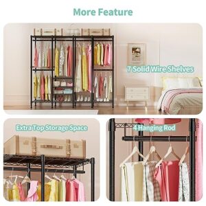 SEMHOR S5 Clothes Rack Heavy Duty Clothing Rack with 7 Shelves & 4 Hang Rods, Freestanding Metal Garment Racks for Hanging Clothes, Black Portable Wardrobe Closet 15.8"W X 76"L X 75.6"H, Load 920LBS